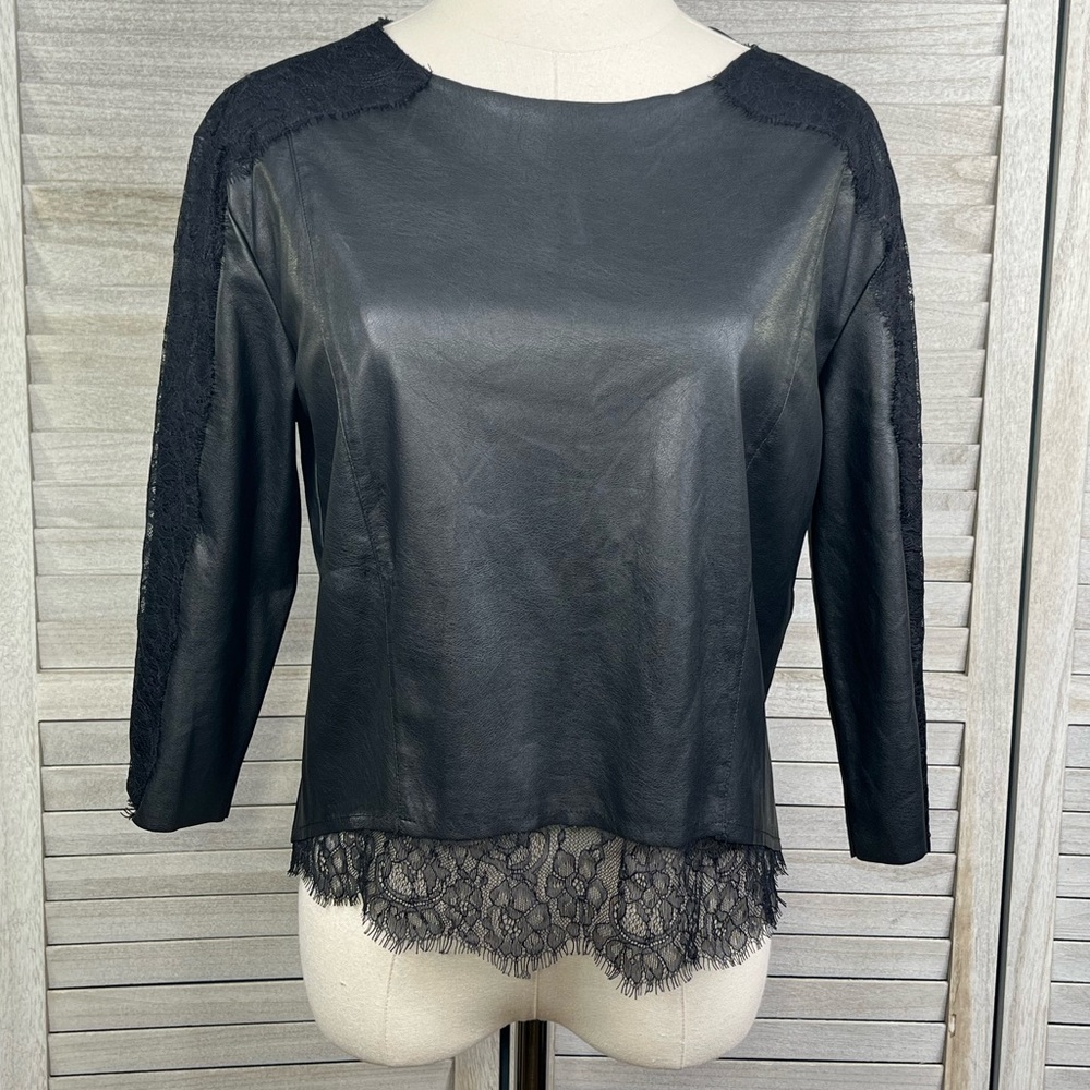 SEARCH FOR SANITY Faux Leather & Lace 3/4 Sleeve Top Black-XS